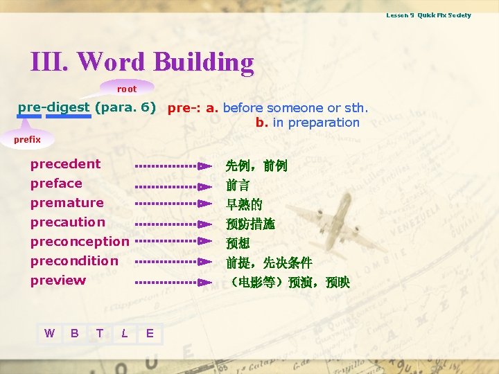 Lesson 9 Quick Fix Society III. Word Building root pre-digest (para. 6) pre-: a.