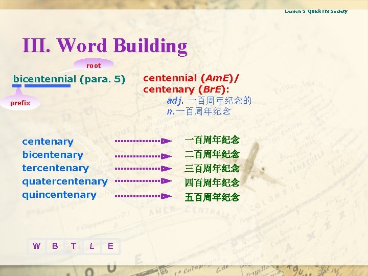 Lesson 9 Quick Fix Society III. Word Building root bicentennial (para. 5) prefix 一百周年纪念