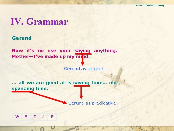 Lesson 9 Quick Fix Society IV. Grammar Gerund Now it’s no use your saying