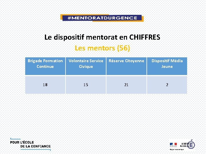 Le dispositif mentorat en CHIFFRES Les mentors (56) Brigade Formation Continue Volontaire Service Civique