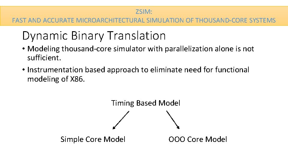 ZSIM: FAST AND ACCURATE MICROARCHITECTURAL SIMULATION OF THOUSAND-CORE SYSTEMS Dynamic Binary Translation • Modeling