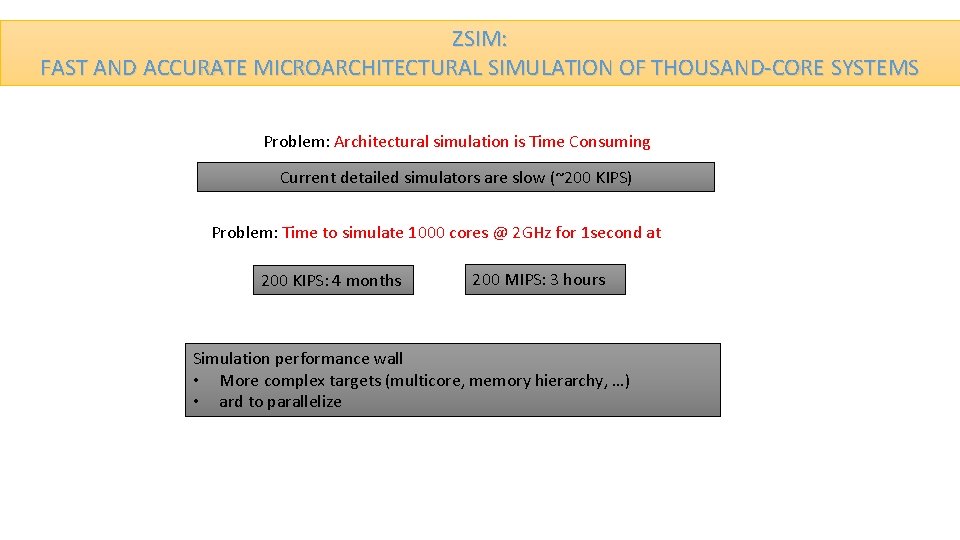 ZSIM: FAST AND ACCURATE MICROARCHITECTURAL SIMULATION OF THOUSAND-CORE SYSTEMS Problem: Architectural simulation is Time