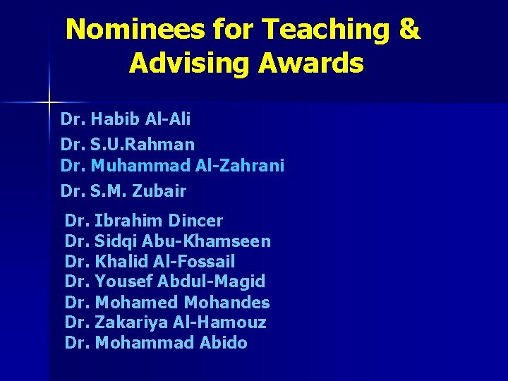 Nominees for Teaching & Advising Awards Dr. Habib Al-Ali Dr. S. U. Rahman Dr.