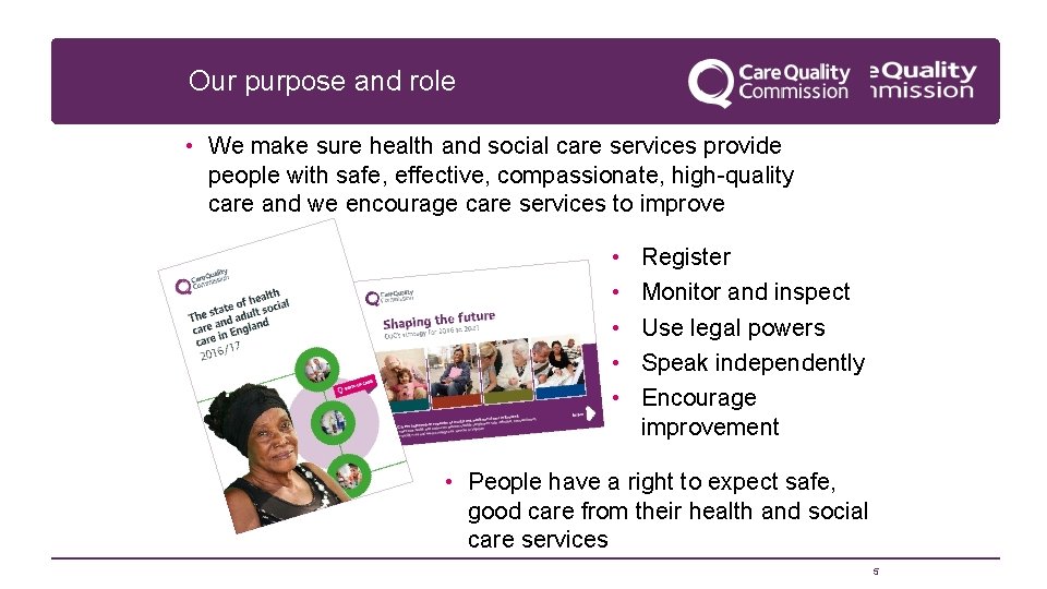 Our purpose and role • We make sure health and social care services provide