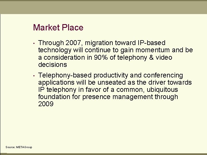 Market Place Source: METAGroup • Through 2007, migration toward IP-based technology will continue to