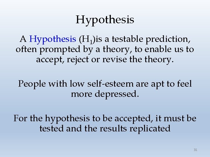 Hypothesis A Hypothesis (H 1)is a testable prediction, often prompted by a theory, to