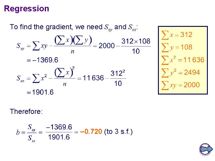 Regression To find the gradient, we need Sxy and Sxx: Therefore: – 0. 720