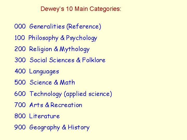 Dewey’s 10 Main Categories: 000 Generalities (Reference) 100 Philosophy & Psychology 200 Religion &