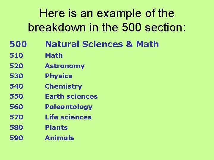 Here is an example of the breakdown in the 500 section: 500 Natural Sciences
