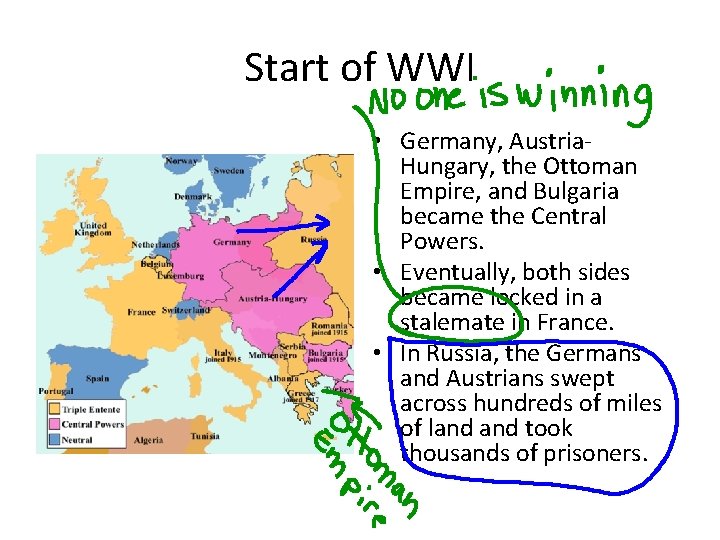 Start of WWI • Germany, Austria. Hungary, the Ottoman Empire, and Bulgaria became the