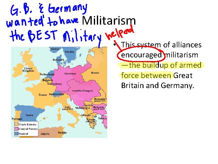 Militarism • This system of alliances encouraged militarism —the buildup of armed force between