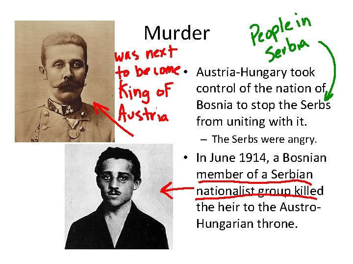 Murder • Austria-Hungary took control of the nation of Bosnia to stop the Serbs