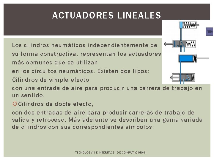 ACTUADORES LINEALES Los cilindros neumáticos independientemente de su forma constructiva, representan los actuadores más