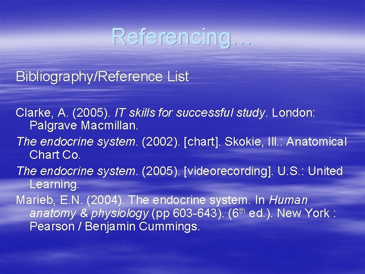 Referencing… Bibliography/Reference List Clarke, A. (2005). IT skills for successful study. London: Palgrave Macmillan.