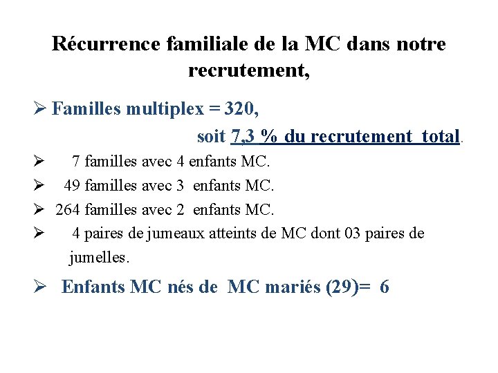 Récurrence familiale de la MC dans notre recrutement, Ø Familles multiplex = 320, soit