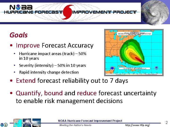 Goals • Improve Forecast Accuracy • Hurricane impact areas (track) – 50% in 10