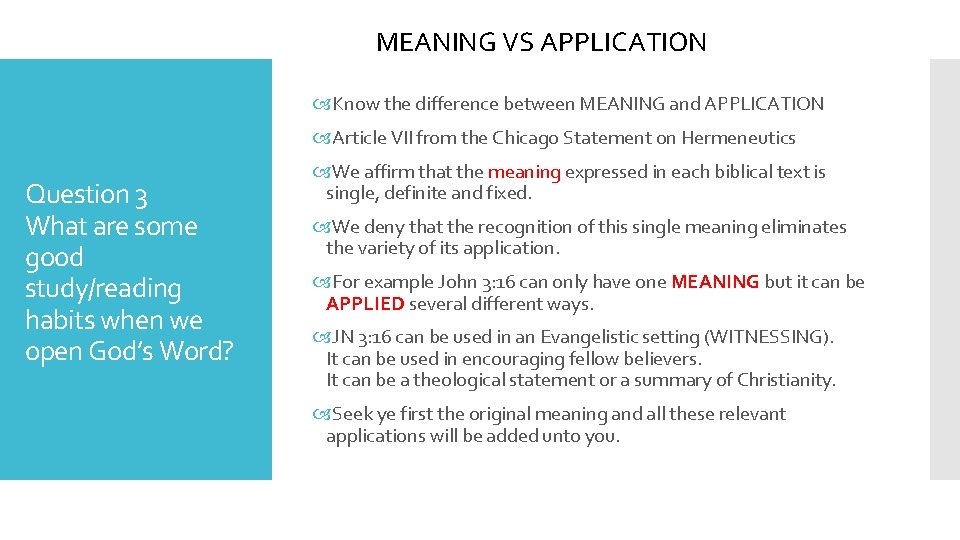 MEANING VS APPLICATION Know the difference between MEANING and APPLICATION Article VII from the