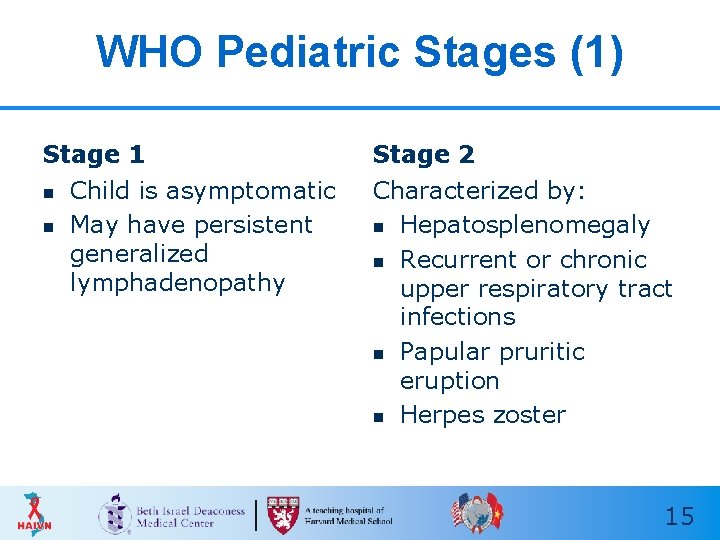 WHO Pediatric Stages (1) Stage 1 n n Child is asymptomatic May have persistent