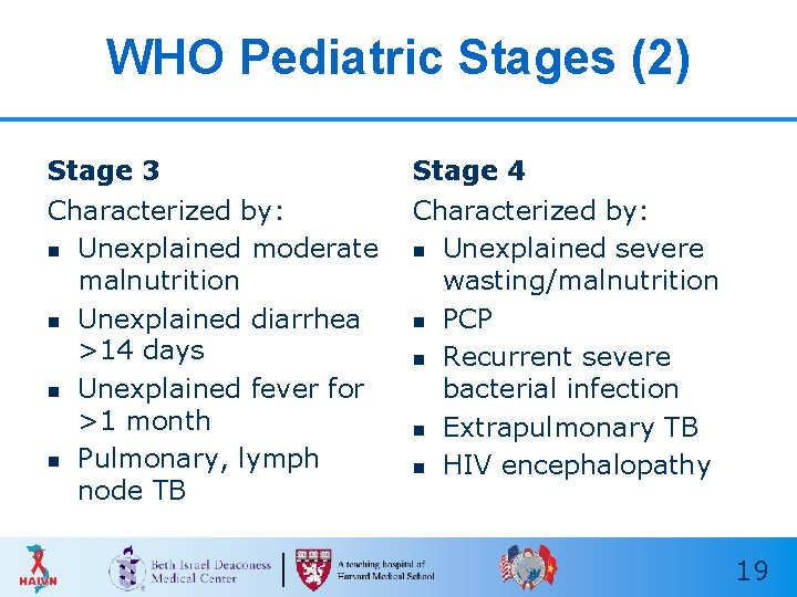 WHO Pediatric Stages (2) Stage 3 Stage 4 Characterized by: n Unexplained moderate malnutrition