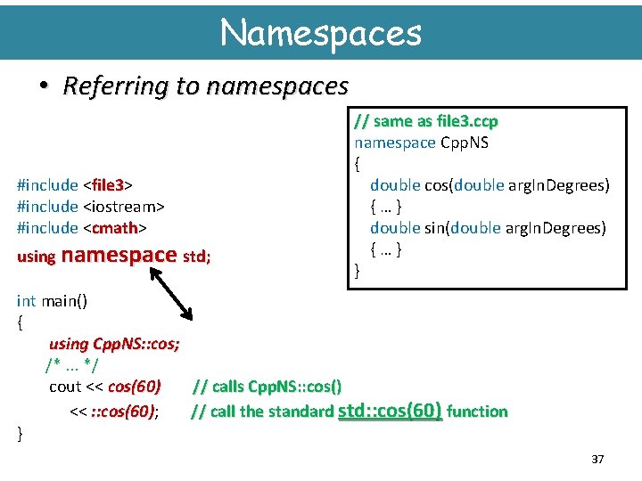 Namespaces • Referring to namespaces #include <file 3> file 3 #include <iostream> #include <cmath>