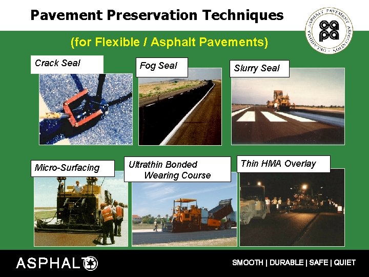 Pavement Preservation Techniques (for Flexible / Asphalt Pavements) Crack Seal Micro-Surfacing ASPHALT Fog Seal