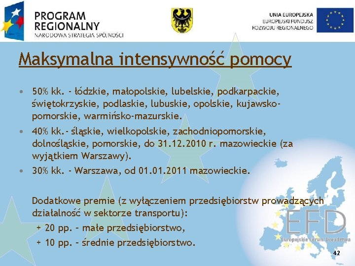 Maksymalna intensywność pomocy • 50% kk. - łódzkie, małopolskie, lubelskie, podkarpackie, świętokrzyskie, podlaskie, lubuskie,