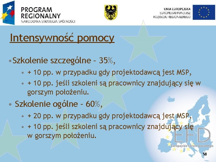 Intensywność pomocy • Szkolenie szczególne – 35%, • + 10 pp. w przypadku gdy