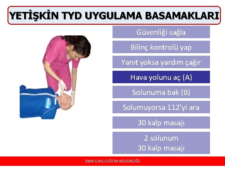 YETİŞKİN TYD UYGULAMA BASAMAKLARI Güvenliği sağla Bilinç kontrolü yap Yanıt yoksa yardım çağır Hava