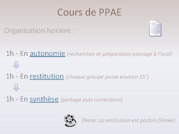 Cours de PPAE Organisation horaire : 1 h - En autonomie (recherches et préparation