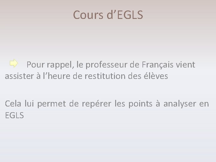 Cours d’EGLS Pour rappel, le professeur de Français vient assister à l’heure de restitution