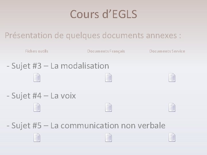 Cours d’EGLS Présentation de quelques documents annexes : Fiches outils Documents Français Documents Service