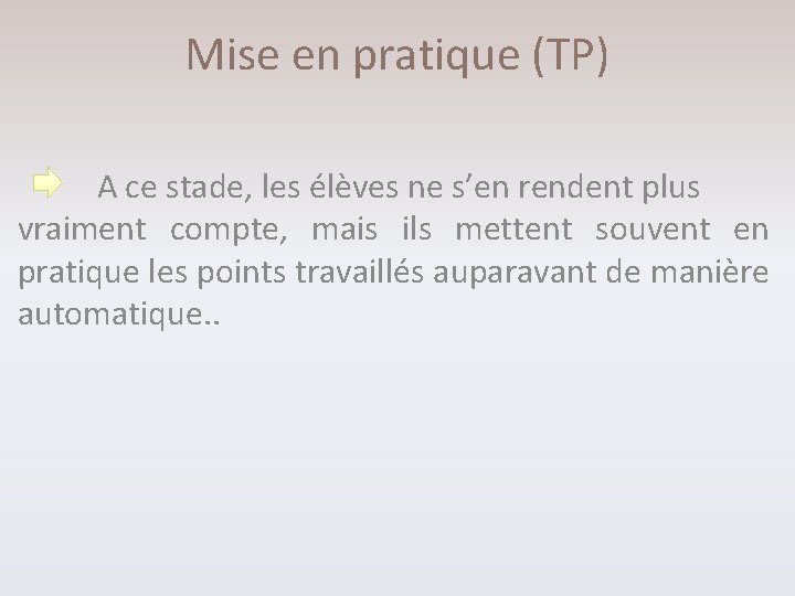 Mise en pratique (TP) A ce stade, les élèves ne s’en rendent plus vraiment