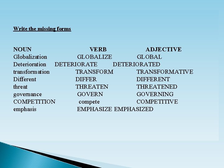 Write the missing forms NOUN VERB ADJECTIVE Globalization GLOBALIZE GLOBAL Deterioration DETERIORATED transformation TRANSFORMATIVE