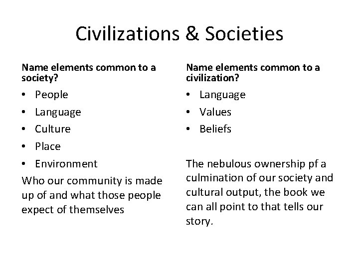 Civilizations & Societies Name elements common to a society? Name elements common to a