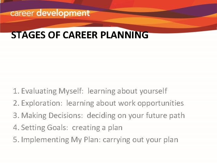 STAGES OF CAREER PLANNING 1. Evaluating Myself: learning about yourself 2. Exploration: learning about