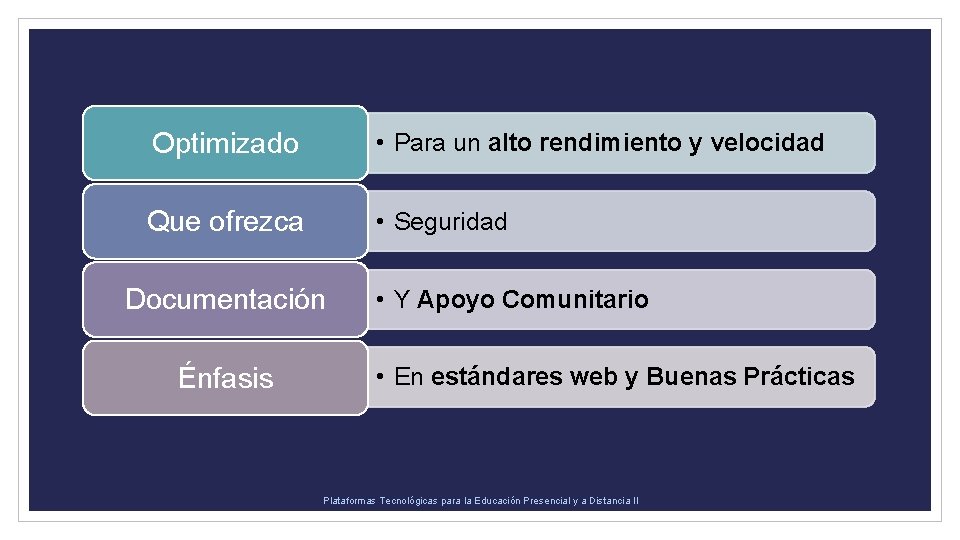 Optimizado • Para un alto rendimiento y velocidad Que ofrezca • Seguridad Documentación Énfasis