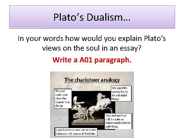 Plato’s Dualism… In your words how would you explain Plato’s views on the soul