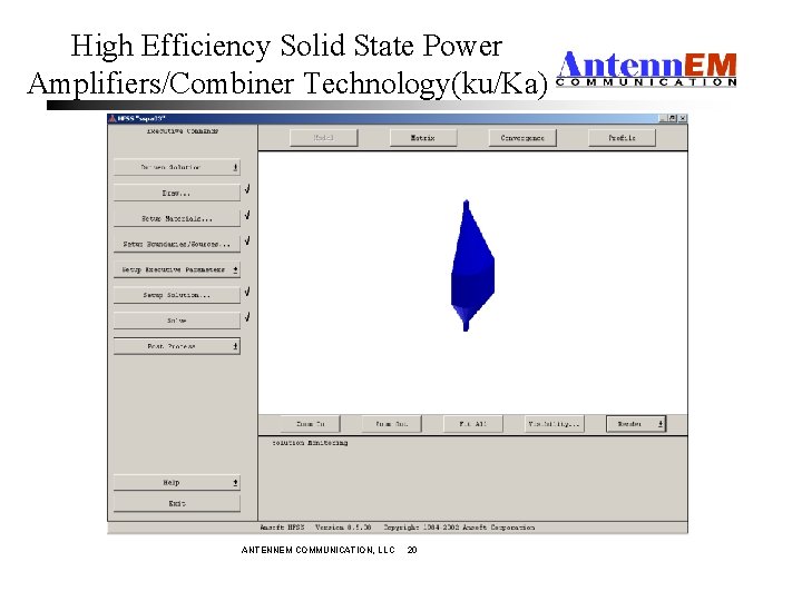 High Efficiency Solid State Power Amplifiers/Combiner Technology(ku/Ka) ANTENNEM COMMUNICATION, LLC 20 