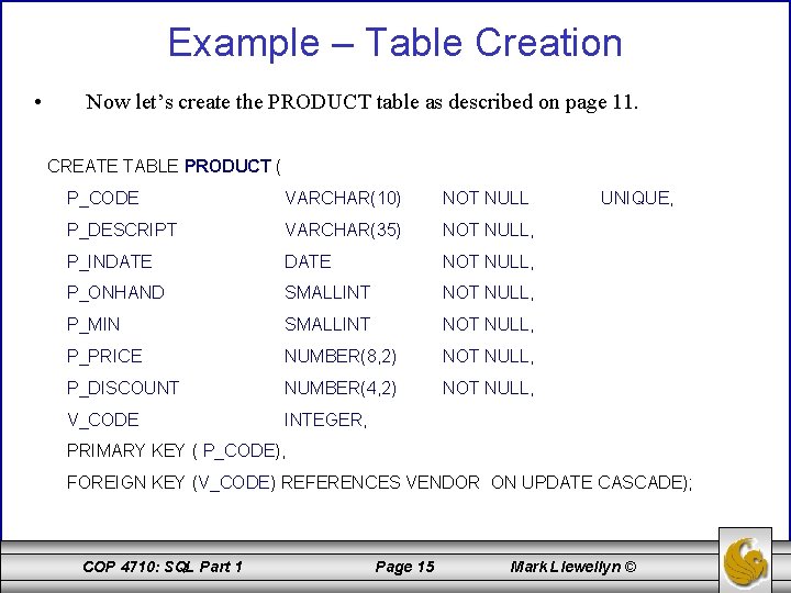 Example – Table Creation • Now let’s create the PRODUCT table as described on Example – Table Creation • Now let’s create the PRODUCT table as described on