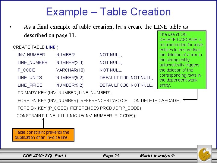 Example – Table Creation • As a final example of table creation, let’s create
