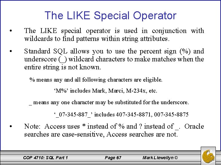The LIKE Special Operator • The LIKE special operator is used in conjunction with