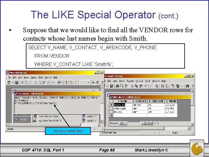 The LIKE Special Operator (cont. ) • Suppose that we would like to find
