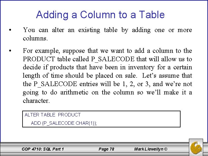 Adding a Column to a Table • You can alter an existing table by