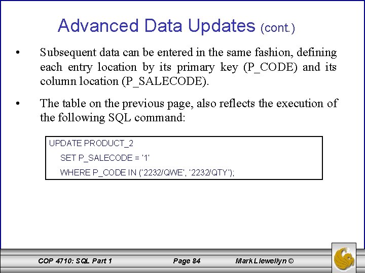 Advanced Data Updates (cont. ) • Subsequent data can be entered in the same