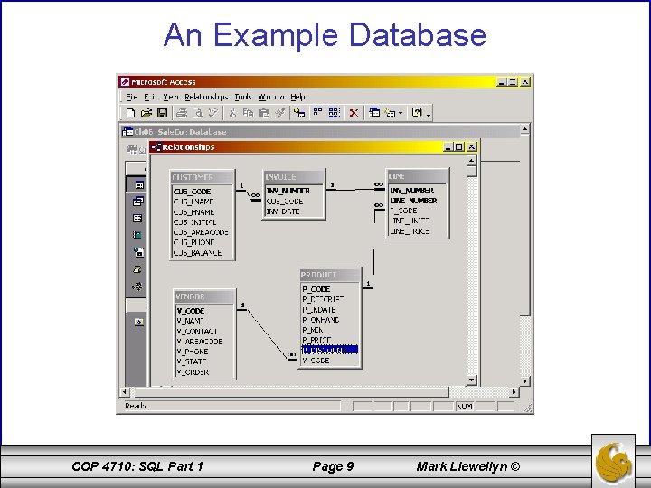 An Example Database COP 4710: SQL Part 1 Page 9 Mark Llewellyn © 