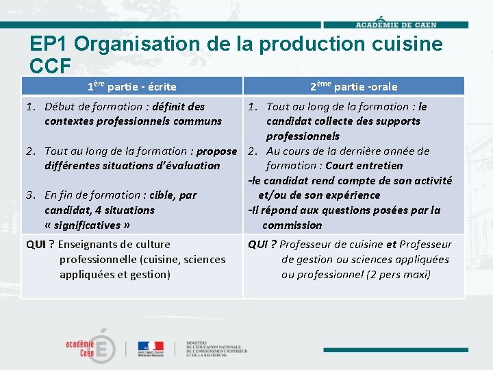 EP 1 Organisation de la production cuisine CCF 1ère partie - écrite 2ème partie