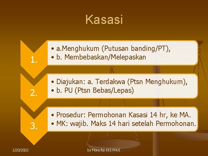 Kasasi 1/20/2022 1. • a. Menghukum (Putusan banding/PT), • b. Membebaskan/Melepaskan 2. • Diajukan: