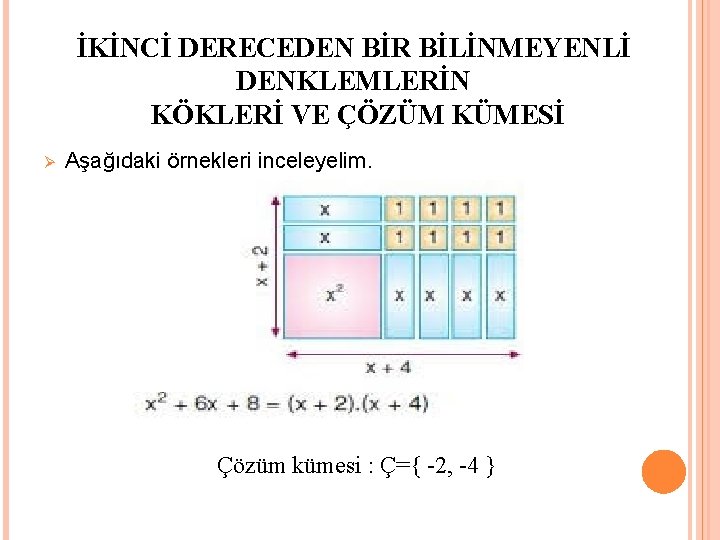 İKİNCİ DERECEDEN BİR BİLİNMEYENLİ DENKLEMLERİN KÖKLERİ VE ÇÖZÜM KÜMESİ Ø Aşağıdaki örnekleri inceleyelim. Çözüm