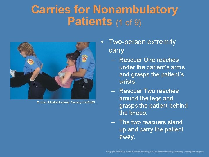 Carries for Nonambulatory Patients (1 of 9) • Two-person extremity carry © Jones &