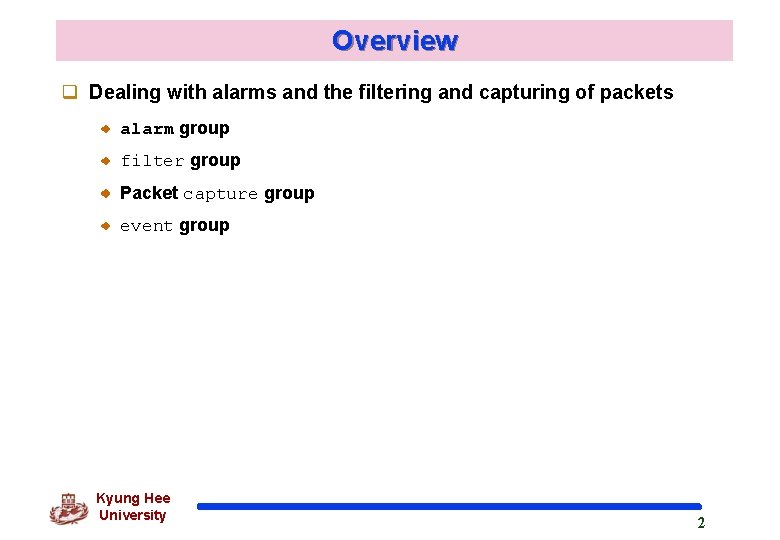 Overview q Dealing with alarms and the filtering and capturing of packets alarm group